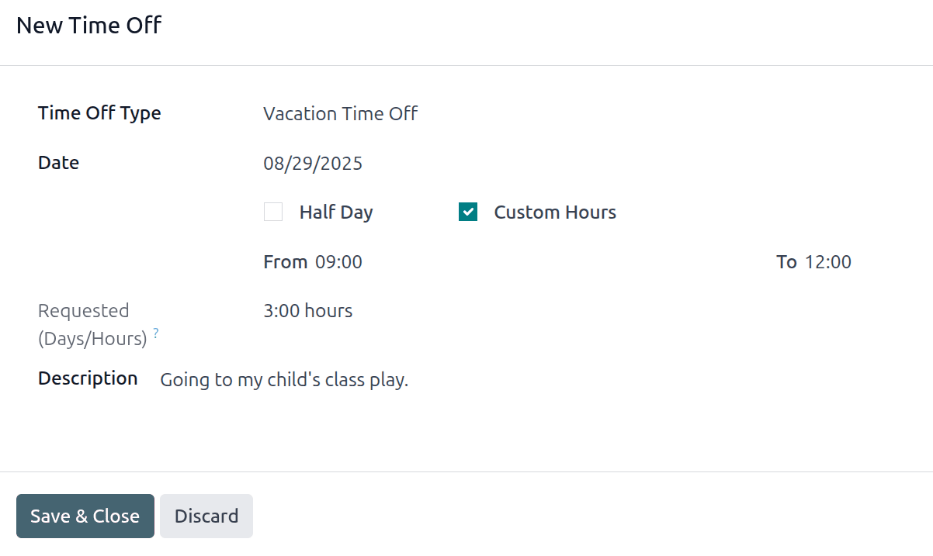 A time off request for three hours of vacation time off.