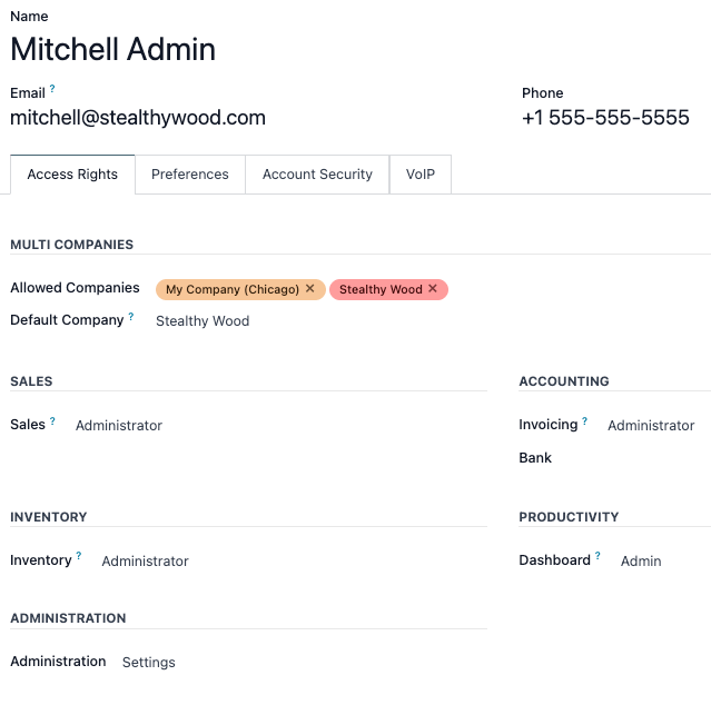 View of a user's form emphasizing the access rights tab in Cobuild.