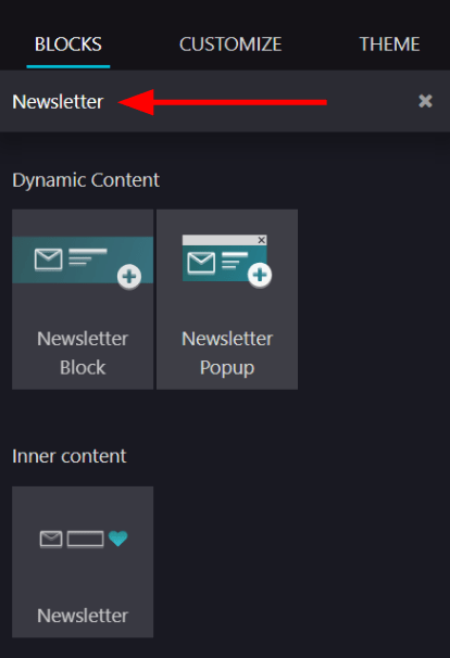 View of how to quickly search for Newsletter blocks in the Cobuild Website application.