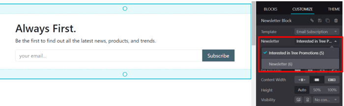 The newsletter drop-down menu in the customize sidebar that appears in Cobuild Website.