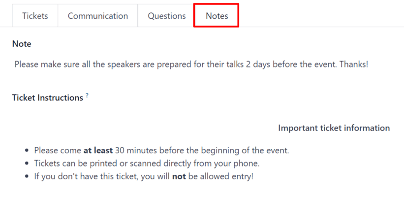 Typical notes tab on an event form in the Cobuild Events application.