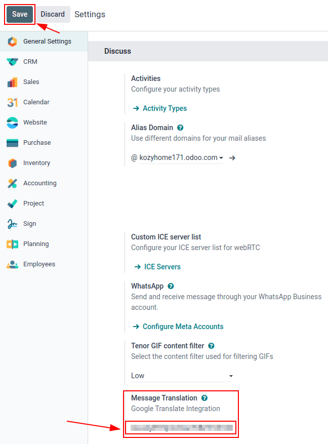 Cobuild configuration of the API key from the *Google API Console*.