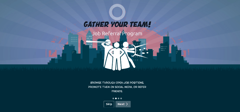 An onboarding slide with the skip and next buttons visible at the bottom.