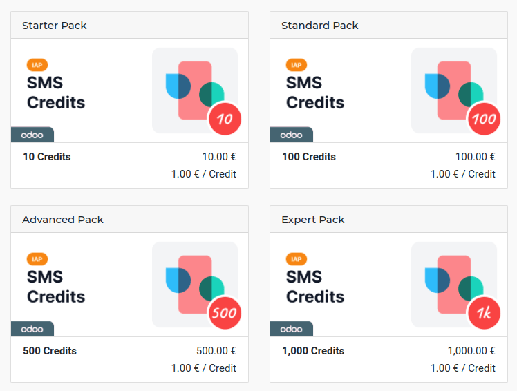 Four different packs of credits for the SMS IAP service.