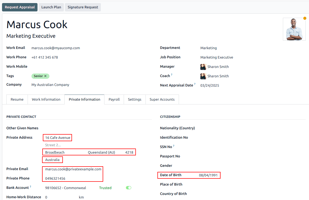 Employee private information tab for the Australian payroll localization.