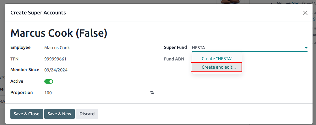 Configuring a super fund and super account for the Australian payroll localization.