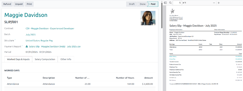 The new payslip is emailed to the employee and the email appears in the chatter.