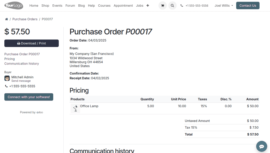 Portal view of the PO, with "Connect your software!" button.