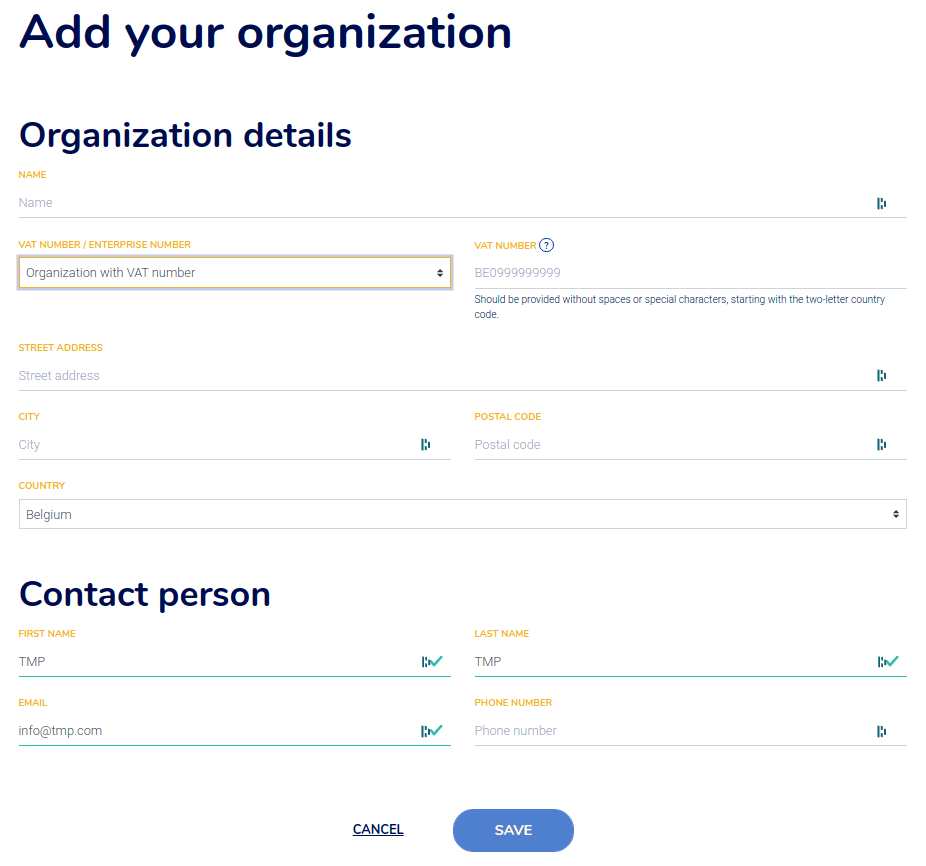 Fill out the form to add an organization in Ponto.