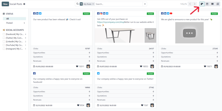 Kanban view of the posts page in the Cobuild Social Marketing application.