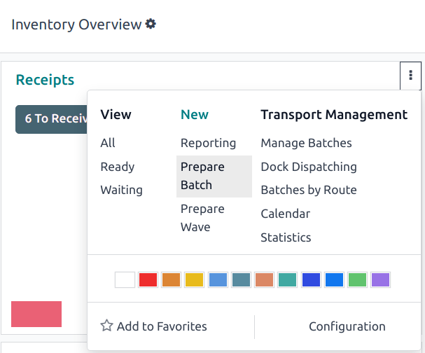 The Inventory dashboard with the Prepare Batch option highlighted.
