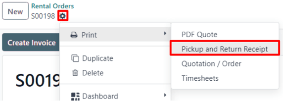 The pickup and return receipt print option in the Cobuild Rental application.