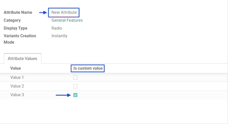Product variant attribute configuration screen.