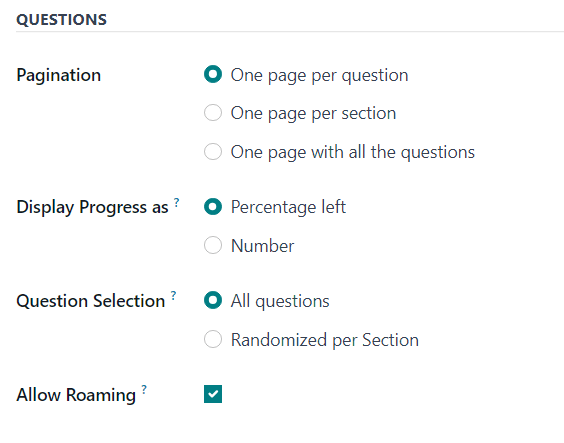 The Questions section of the Options tab on a survey form in Cobuild Surveys.