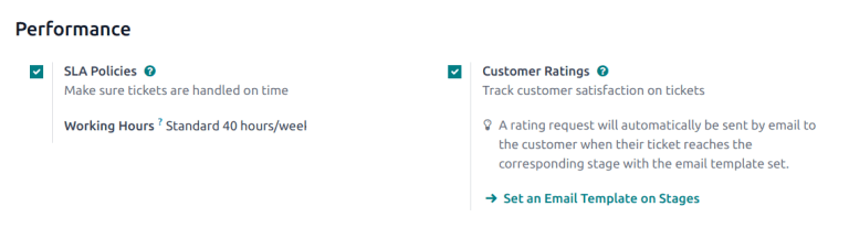 Overview of the settings page of a helpdesk team emphasizing the rating on ticket feature in Cobuild Helpdesk.