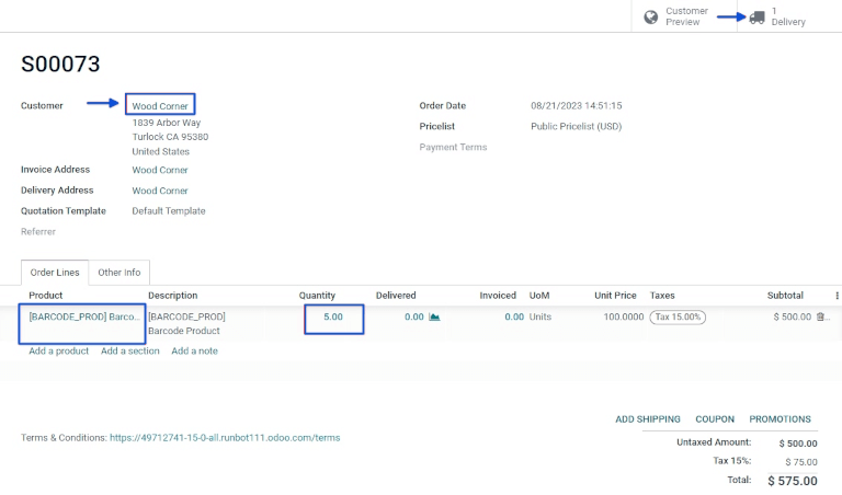 Completed sales order for barcode product.