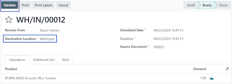 Receipt operation for product being moved to WH/Input location.