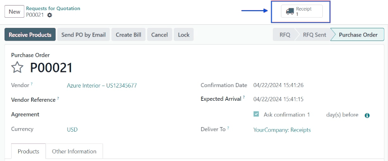 After confirming a purchase order, a Receipt smart button will appear.