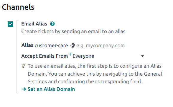 View of the settings page of a Helpdesk team emphasizing the email alias feature in Cobuild Helpdesk.