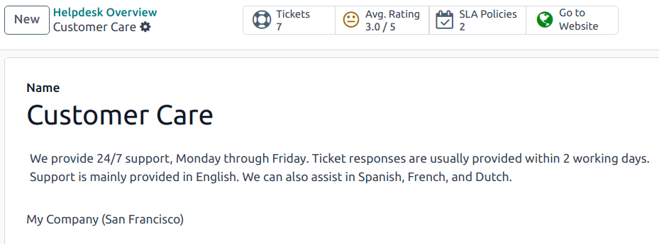 View of the settings page of a helpdesk team emphasizing the Go to Website button in Cobuild Helpdesk.