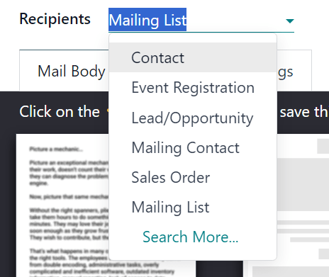 View of recipients drop-down menu in the Cobuild Email Marketing application.