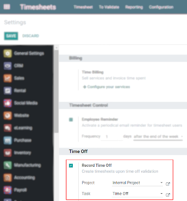 View of Timesheets setting enabling the feature record time off in Cobuild Timesheets