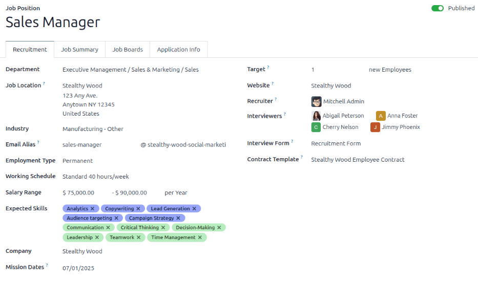 The job information details in the Recruitment tab.