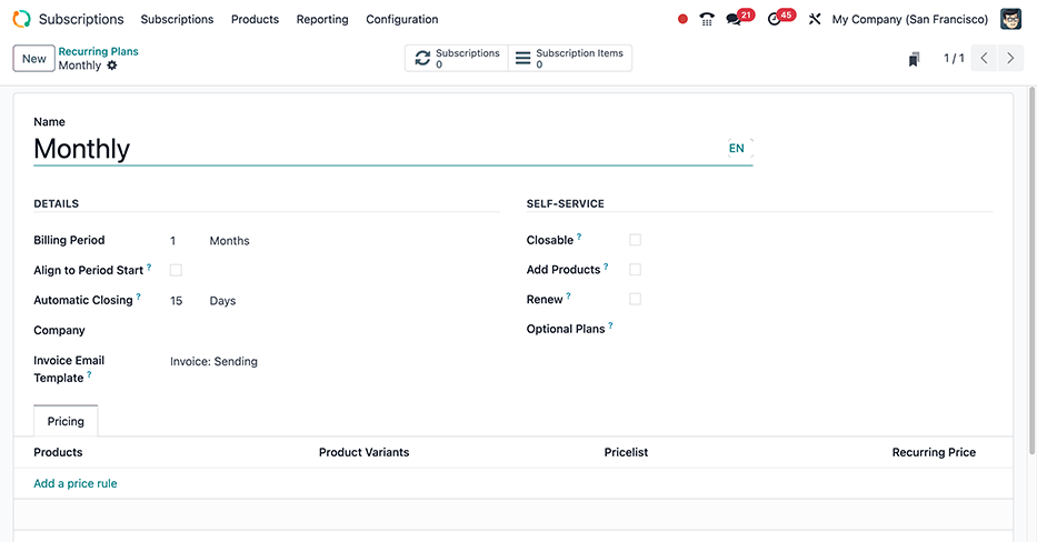 A blank recurring plan form in the Cobuild Subscriptions application.