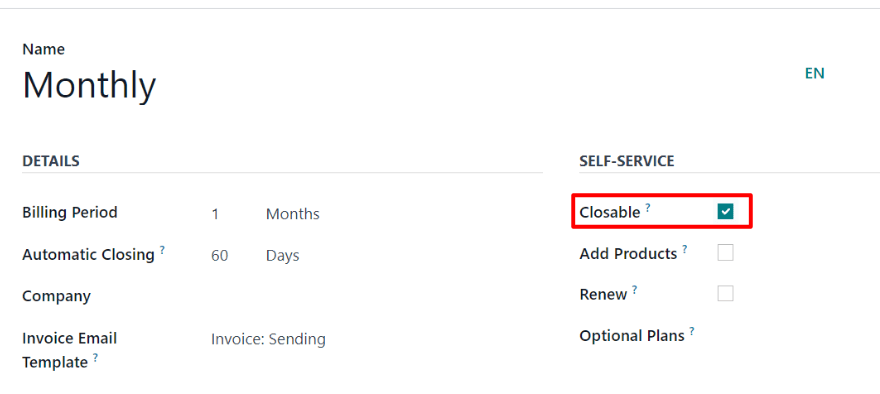 The Closable option on a recurring plan form in Cobuild Subscriptions.