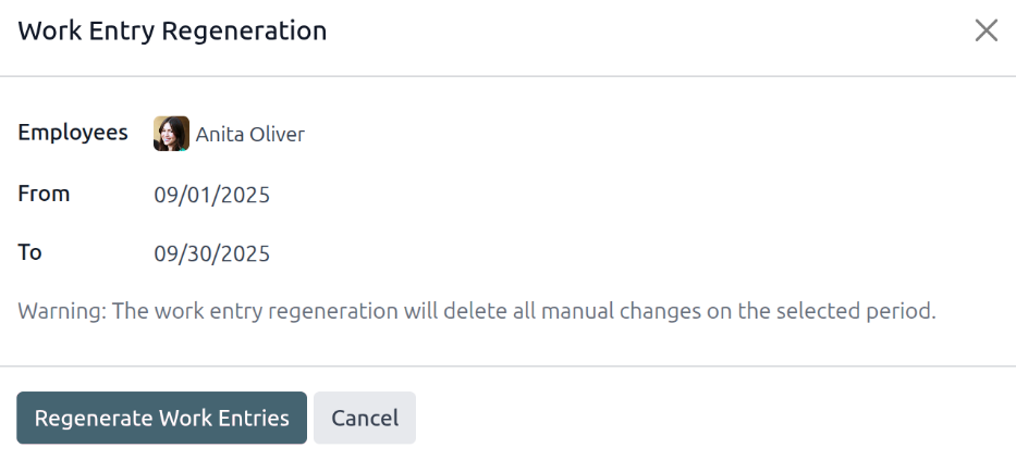 Regenerate a work entry for a particular employee.