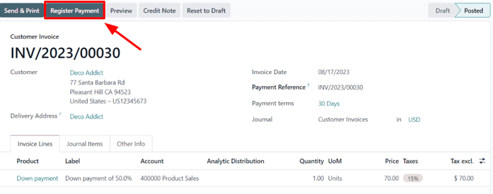 Showcase of the Register Payment button on a confirmed customer invoice.