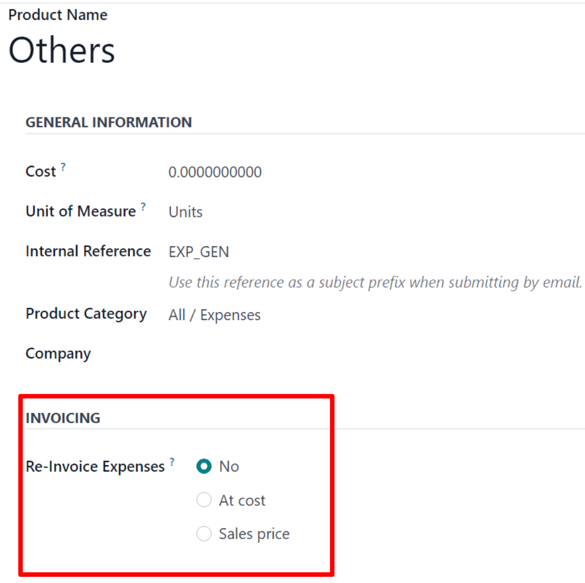 The Re-Invoice Expenses field on an Expense Category form in the Cobuild Expenses app.