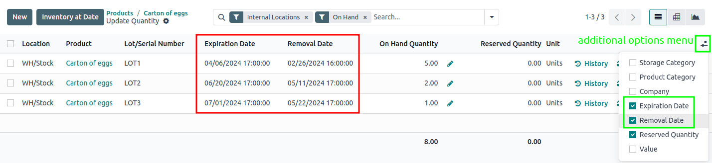 Show expiration dates from the inventory adjustments model accessed from the *On Hand* smart button from the product form.