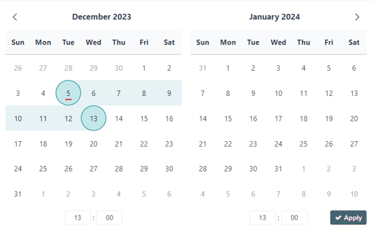 Sample of a rental period calendar pop-up window in the Cobuild Rental application.