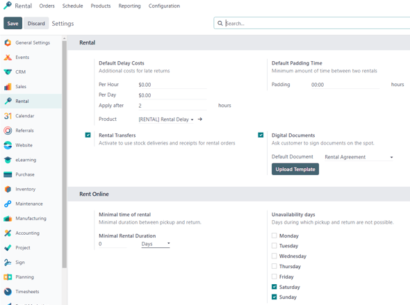 How the Settings page appears in the Cobuild Rental application.