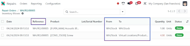 Moves history of product included in the repair order.