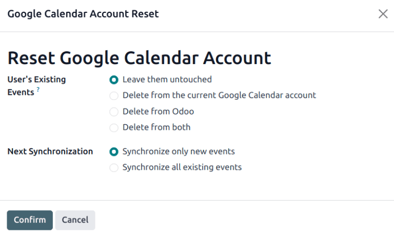 Google calendar reset options in Cobuild.