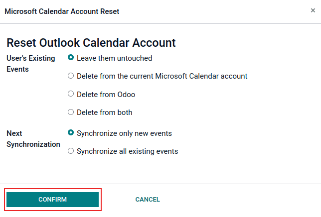 Outlook calendar reset options in Cobuild.