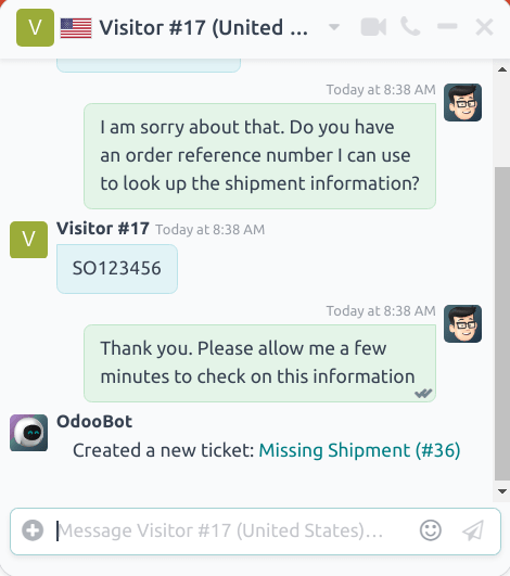 View of the chat window with a helpdesk ticket created in Cobuild Live Chat.