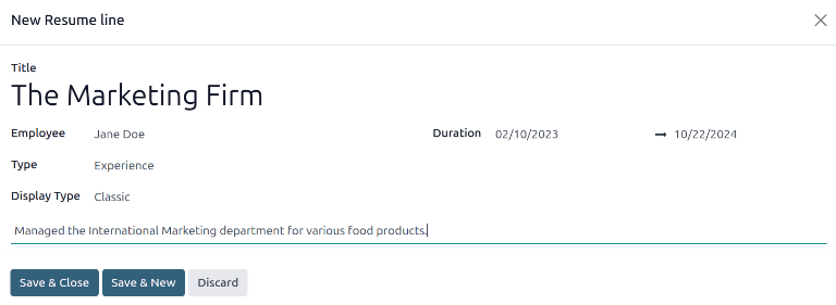 A resumé entry form with all the information populated.