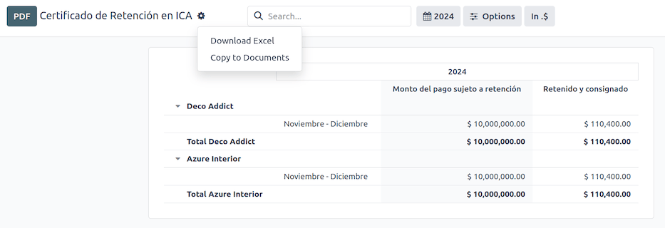 Certificado de Retención en ICA report in Cobuild Accounting.