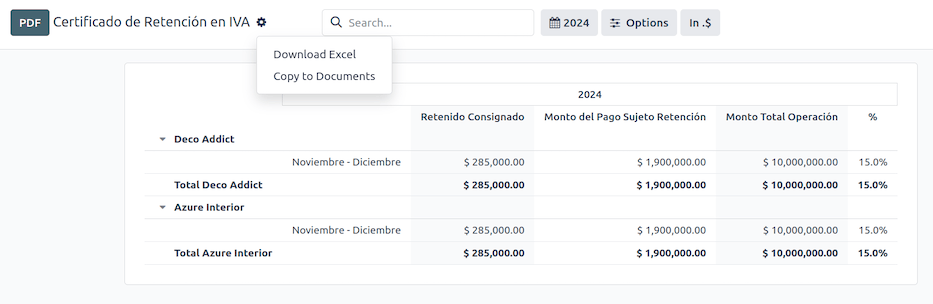 Certificado de Retención en IVA report in Cobuild Accounting.