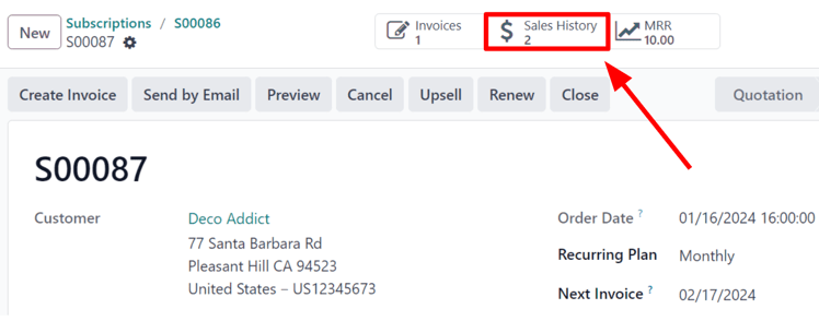 Sales History smart button in the Cobuild Subscriptions application.