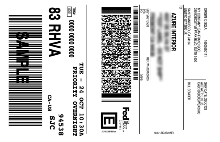 Sample label generated from Cobuild's shipping connector with FedEx.