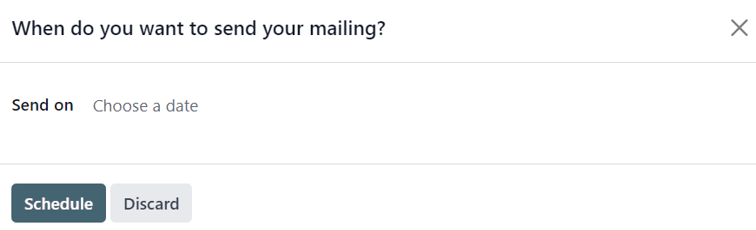 View of pop-up window that appears when the schedule button on an email form is clicked.
