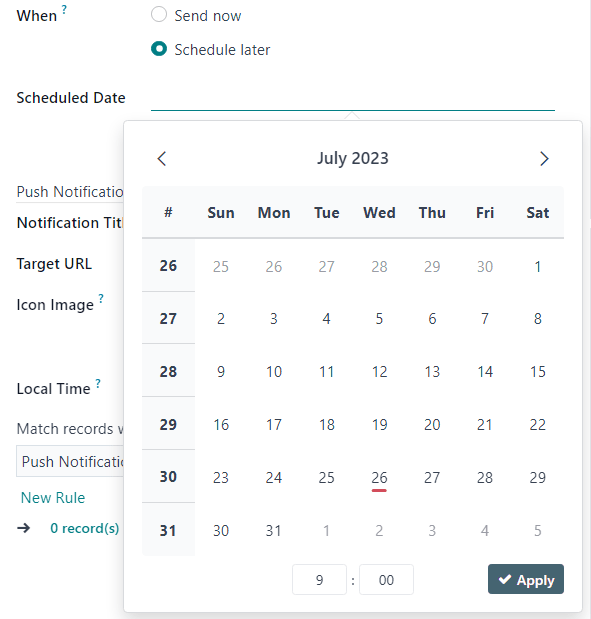 Schedule date pop-up window that appears on social media post detail form in Cobuild.