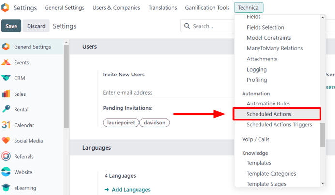 The scheduled actions option under the technical menu in the Cobuild Settings application.