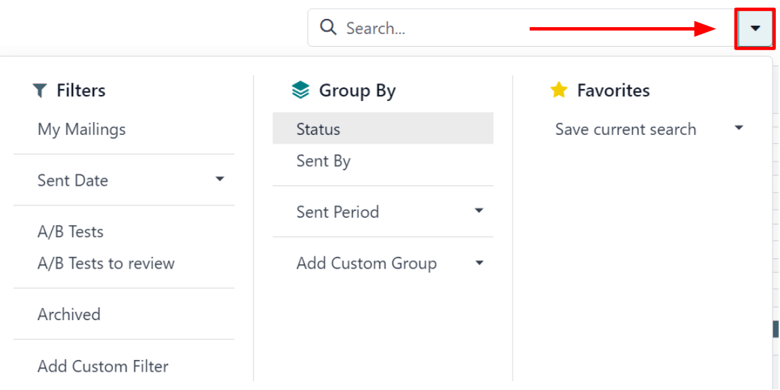 The drop-down mega menu of search options the Cobuild Email Marketing application.