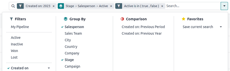 Clicking on the down arrow next to the search bar opens a menu of filters for the analysis.