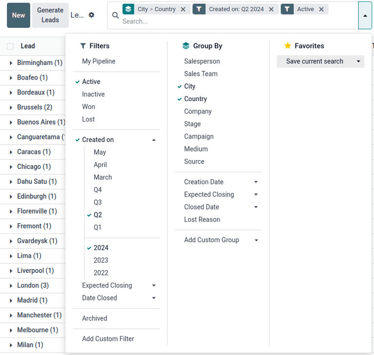 Select any number of filters and groups in the search options.
